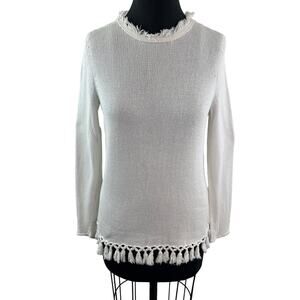 J.Mclaughlin White Sweater Cotton Knitted Crew Neck Thread Fringe Pullover S M?